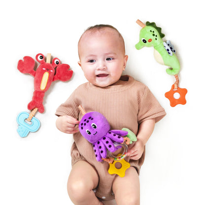 TUMAMA Baby Toys 0 3 6 12 Months, Hanging Stroller Toys Soft Marine Animal Crib Car Seat Toys, Crinkle Infant Rattles with Teether Squeaky Sensory Developmental Toy for Newborn