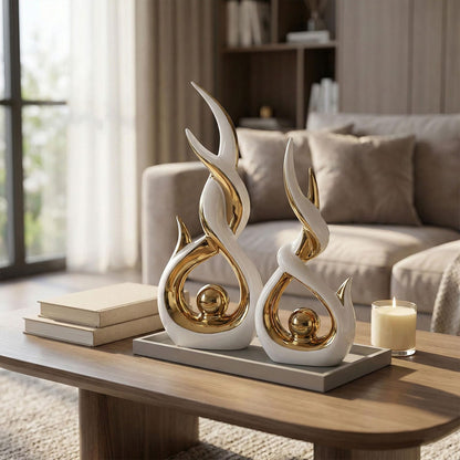 LCCCK White and Gold Abstract Ceramic Sculpture Set of 2 Modern Electroplated Figurines Decorative Statues for Living Room Shelf Mantel Tabletop Home Decor Housewarming Gift