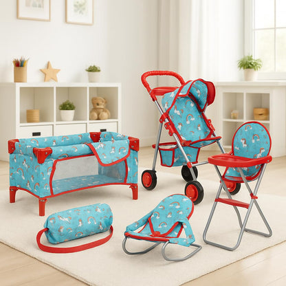 Fash n kolor® 4 Piece Doll Play Set, Doll Accessories Gift, Toy Set -Unicorn Design Includes, Doll Foldable Bed, Doll Stroller, Doll High Chair and Doll Seat, Dolls Gift Set (4 Piece Set)