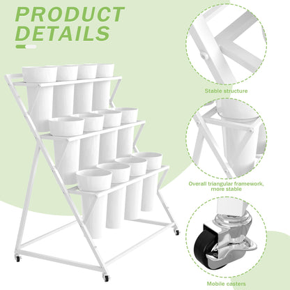 VGMiu Flower Display Stand with 12 Buckets, White Flower Cart with Wheels 3 Layers Metal Flower Bar Stand Moving Flower Stand Florist Bouquet Shelf for Weddings Party Ceremony Indoor Outdoor Garden