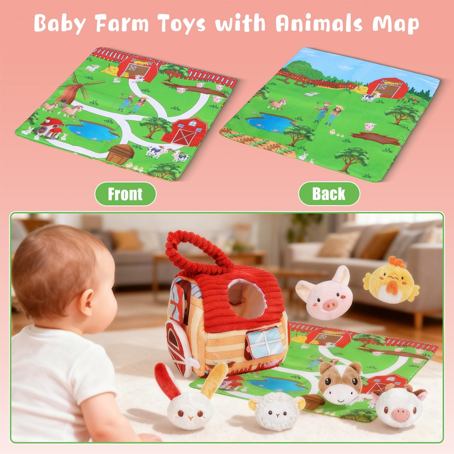 kenvc Baby Toys for 6-12 Months, Barn Stuffed Farm Animals with Sounds & Ring, Plush Animals Toys Have Mirror Montessori Educational Toys Sensory for Developmental for Infants & Toddler Toy Gift