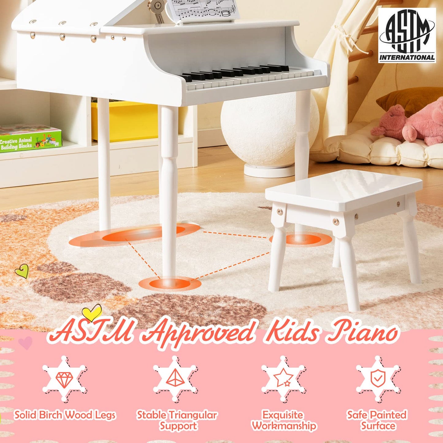 Goplus 30-Key Classical Kids Piano, Mini Grand Piano Wooden Learn-to-Play Musical Instrument Toy with Bench, Piano Lid, Music Rack, Gift for Boys Girls Aged 2+ Baby Toddler(3 Straight Leg-White)