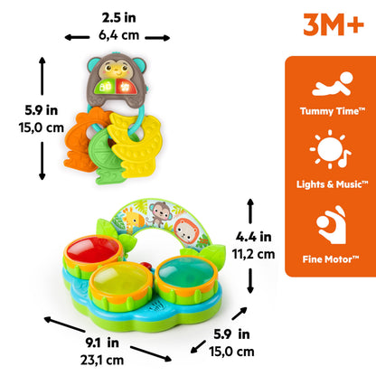 Bright Starts Safari Sounds Gift Set, 2-PK Baby Toys for On The Go, Musical Drum Toy and Car Keys Toy with Car Sounds, Unisex Jungle Theme, 3-6 Months and Up