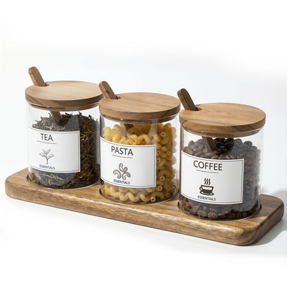 JEORGU 3 Pcs Glass Spice Jars with Acacia Wood Lids & Spoons, 350ml Seasoning Containers with Tray, Clear Sugar Salt Pepper Jars with 9 Labels, Classic Kitchen Countertop Storage Set (Acacia Wood)