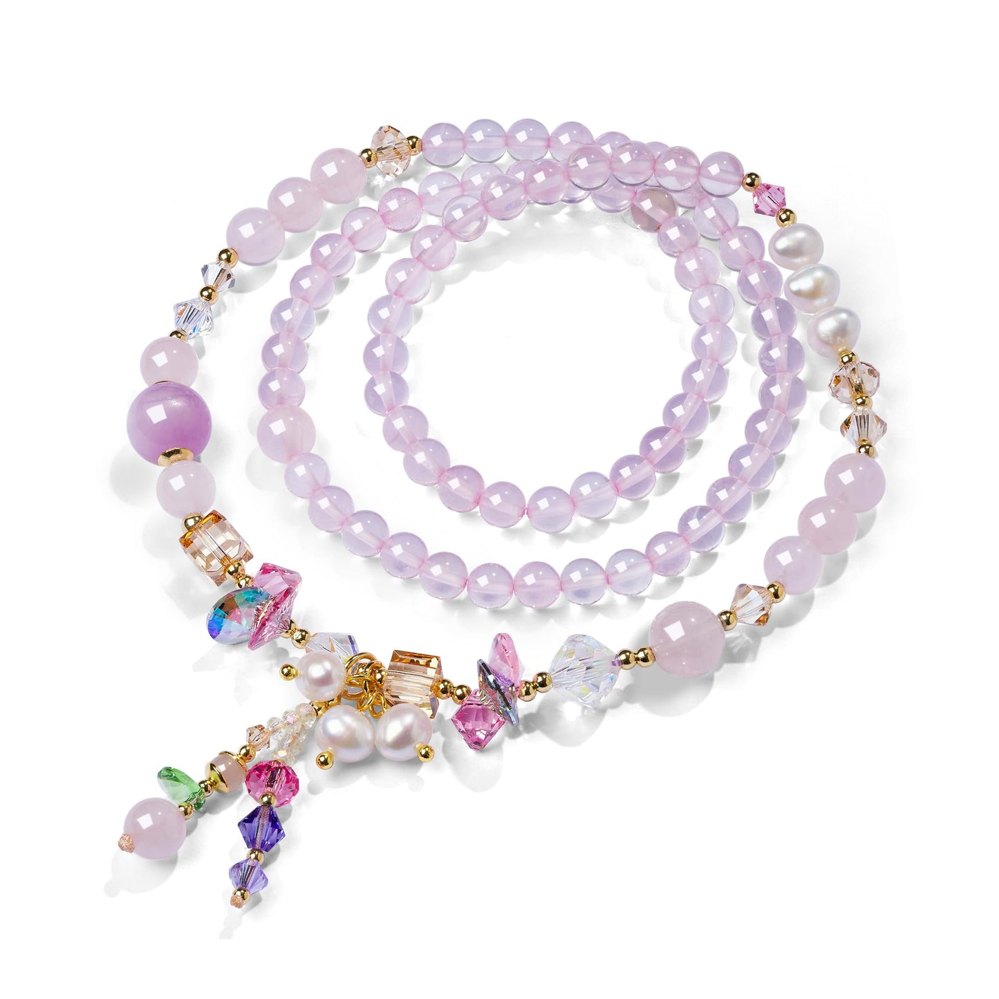18K Gold Plated Handmade Rose Quartz Wrap Bracelet-Necklace for Women | Natural Healing Stone with Freshwater Pearl & Austrian Crystal | Love Energy Gift