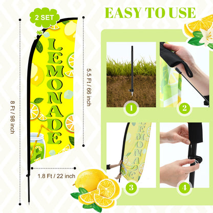 HunnmingRe 2 Set Lemonade Feather Flag Kit, 8ft Advertising Swooper Flag Banner with Pole and Ground Stake for Business Restaurant Advertising Banner for Outside Ground