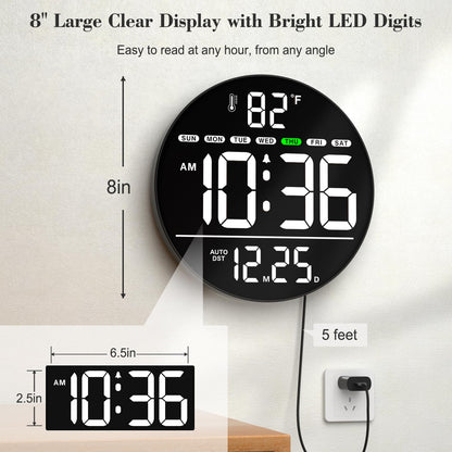WallarGe Large Digital Wall Clock with LED Display, Electric Wall Clock with Temperature, Auto DST, Date, and Day, 5-Level Brightness for Office, Bedroom, Living Room, Classroom Décor