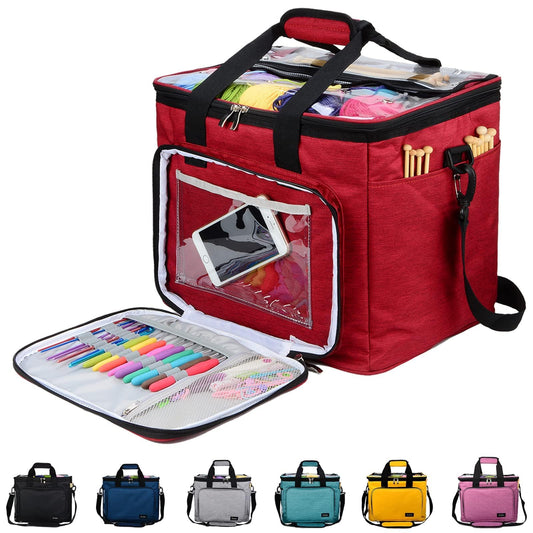 Hoshin Knitting Bag for Yarn Storage, High Capacity Yarn Totes Organizer with Inner Divider Portable for Carrying Project, Knitting Needles(up to 14”), Crochet Hooks, Skeins of Yarn (Red)