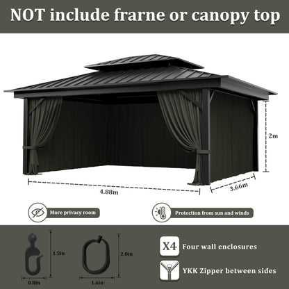 Pakunoda Outdoor Gazebo Curtain Replacement Universal 4-Panel Sidewalls 12' X 16',Outdoor Patio Waterproof Privacy Curtain with Double Zipper for Patio,Garden, and Backyard (Curtain Only)