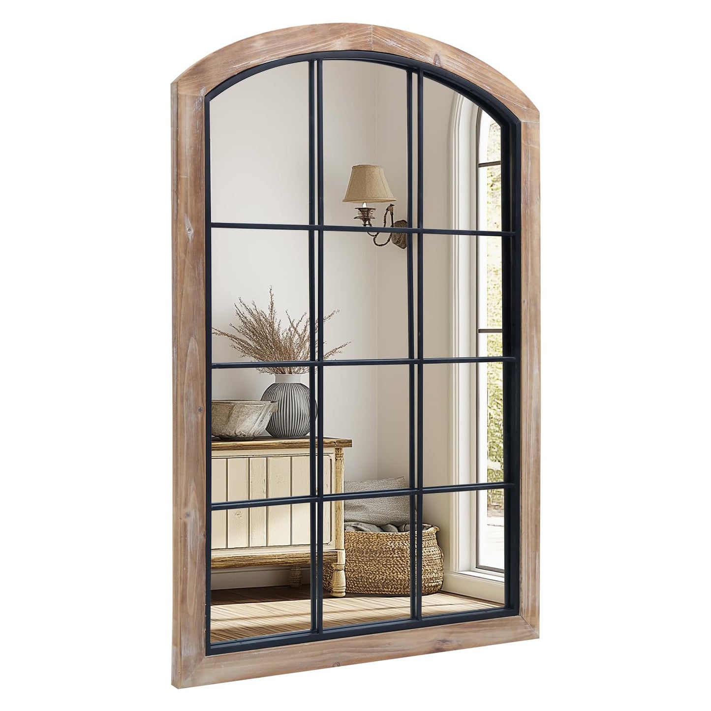 IPOUF Farmhouse Arch Wood Window Mirror, 24X36 Decorative Arch Wall Mirror, Wood Framed Rustic Mirror Metal Inner Frame Wall Decor for Entryway & Living Room,Natural