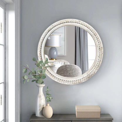 dwellington Rustic Round Wall 24 Inch Wood Circle Mirror with Beads, Decorative Farmhouse Mirror for Living Room, Bedroom, Kitchen, Entryway (White)