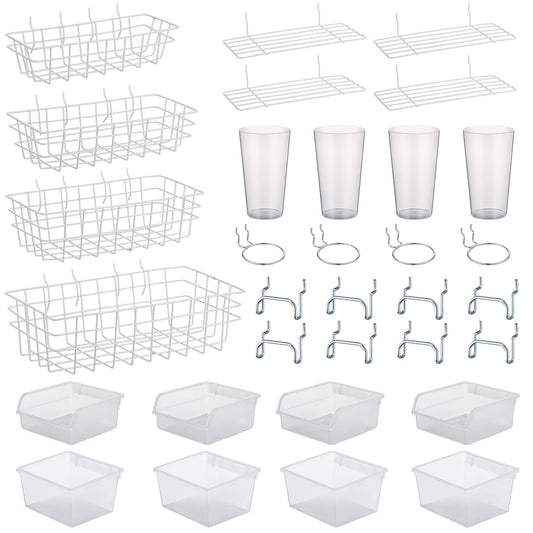 Yookeer 32 Pieces Pegboard Organizer Set Peg Board Rack with Hooks,Loops Wire Shelves Garage Storage, Craft Workshop, Workbench Assortment Organizer Tools(White)