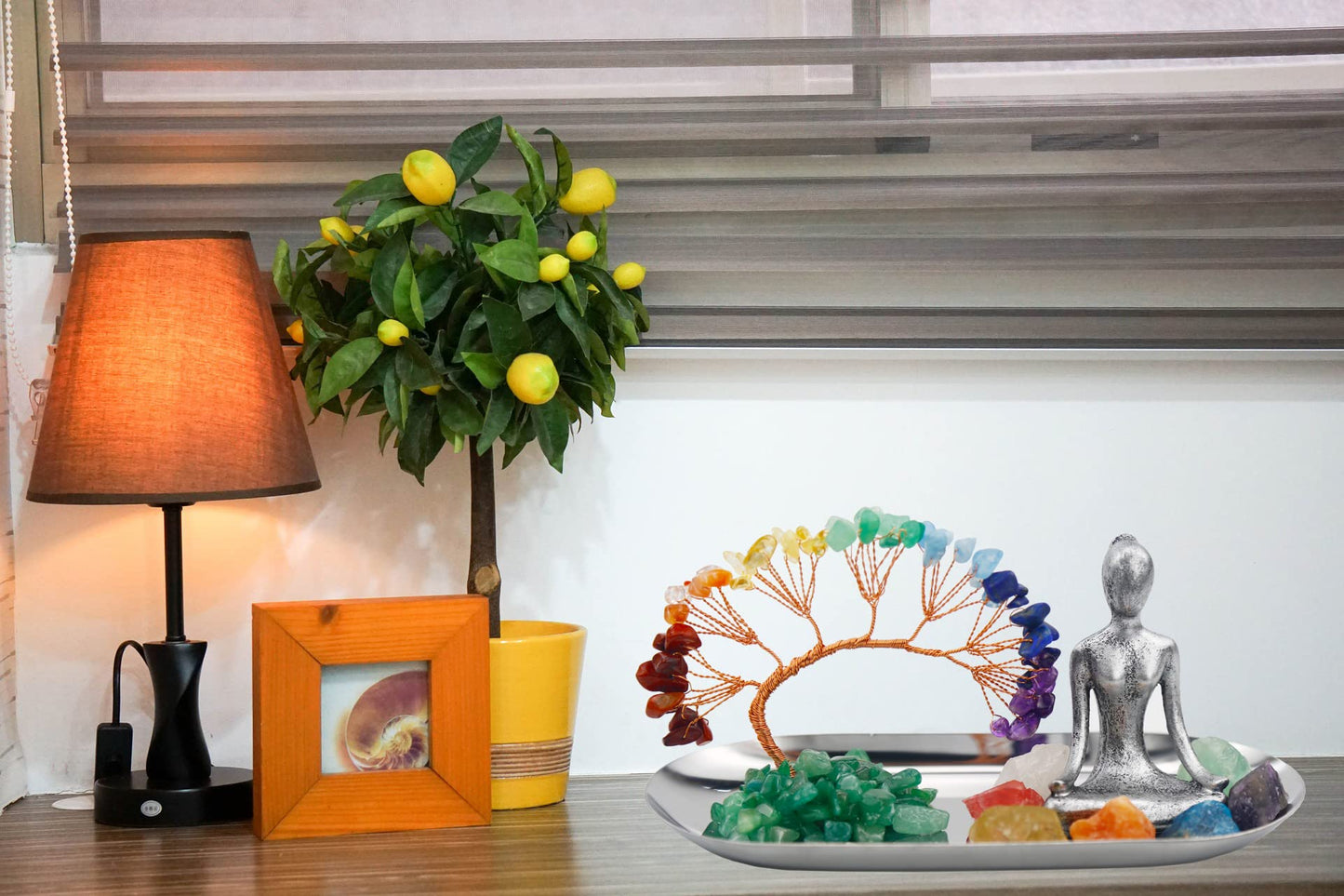 Carselage Meditation Accessories, Zen Spiritual Decor, 7 Chakra Crystal Tree Healing Stones and Yoga Statues, for Living Room, Office, Shelves, Mantle Decor, Birthday Gifts for Women