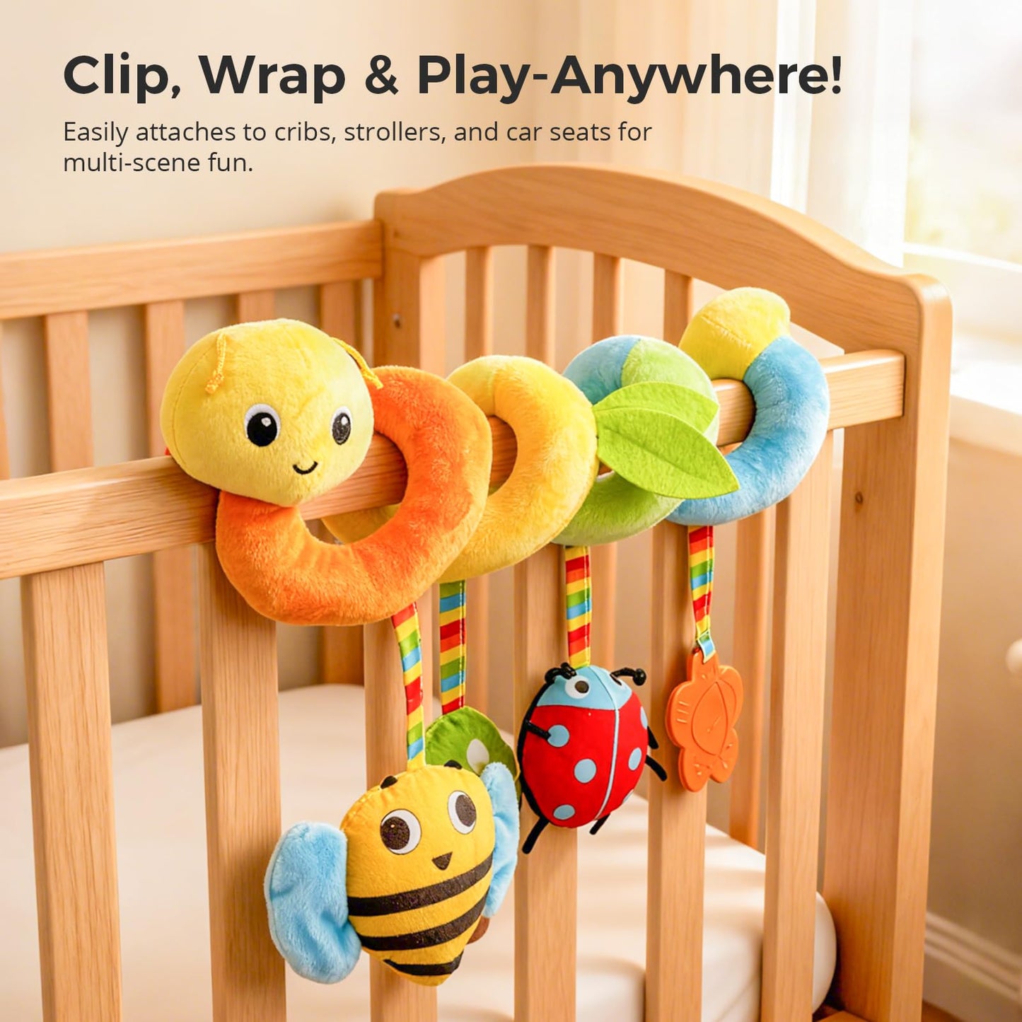 Car Seat Toys for Baby – Colorful Carseat Toys Hanging with Plush Teether & Rattles, Soft Sensory Car Seat Toy and Stroller Toys Set, Baby Car Seat Toy to Entertain and Soothe on The Go