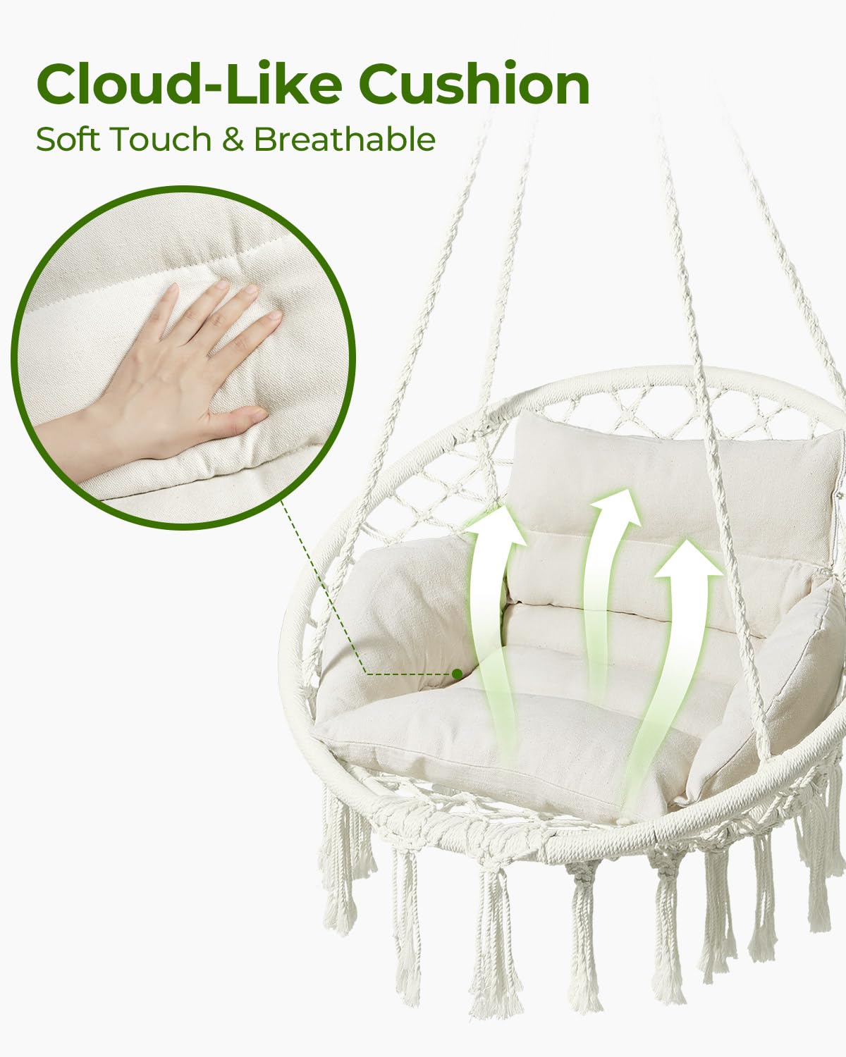 Greenstell Hammock Chair, Macrame Swing Chair with Comfy Cushion, Boho Hanging Chair for Outdoor & Indoor, Perfect for Bedroom, Patio, Balcony, Hold up to 330Lbs, White