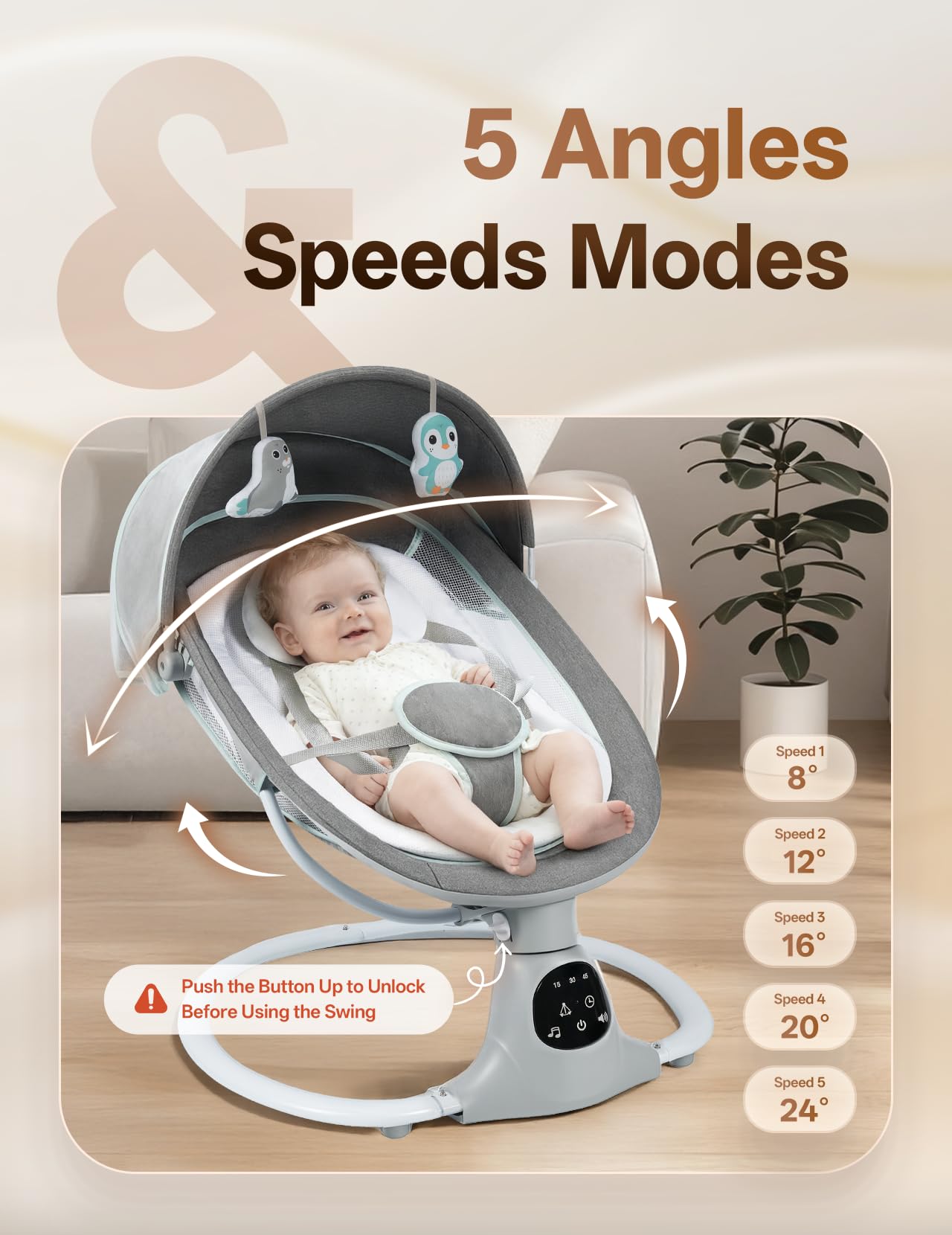 Electric Baby Swing for Infants to Toddler, Portable Swing Rocker with 5 Point Harness, 5 Sway Speed, Bluetooth,12 Preset Lullabies with Remote Control, Infant Swing for Baby Boys & Girls, Grey