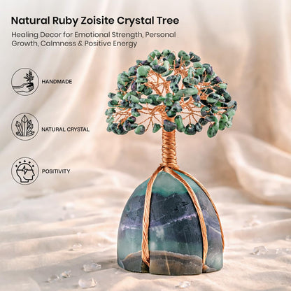 Crocon® Ruby Zoisite Crystals Tree with Fluorite Rough Base, Birthday Gifts for Women & Men, Room Decor, Healing Crystals Spiritual Gift, House Warming Gifts New Home, Birthday Gift - Mom Sister Wife