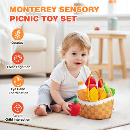 Jollybaby Soft Picnic Basket Cutting Play Food Toys for Baby 6-12-36 Months, Montessori Sensory Felt Fake Food Toy for Toddler 1-3, Birthday Gifts for 1 Year Old Boys and Girls