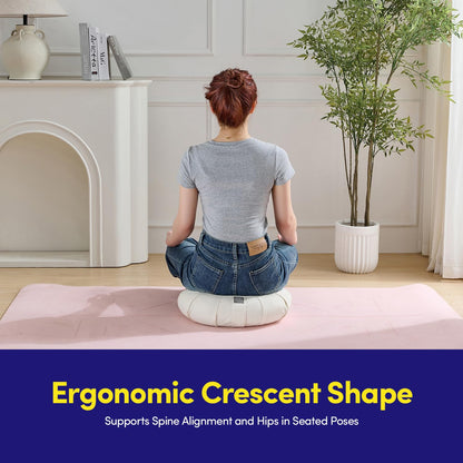 Zafu Meditation Cushion Floor Pillow – Supportive Crescent Cushion for Meditation, Yoga, Pilates, and Relaxation – Filled with Buckwheat Hulls - Removable Cotton Cover - Great Gift Idea, Beige
