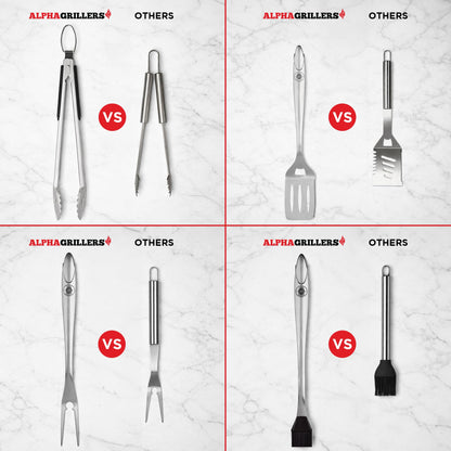 Alpha Grillers Grilling Accessories - Grilling Gifts for Men - BBQ Accessories Grill Tools Set with Spatula, Fork, Brush & Tongs - Outdoor Barbecue Utensils Gifts for Men Dad Him Boyfriend