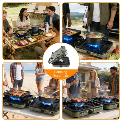 FGY 2 Burner Portable Gas Stove, 17,200 BTU Portable Folding Camp Stove,Dual gas stove with portable handle and Carrying Bag,Adjustment Burner & Piezo Ignition for Camp Cooking,Outdoor (Green）
