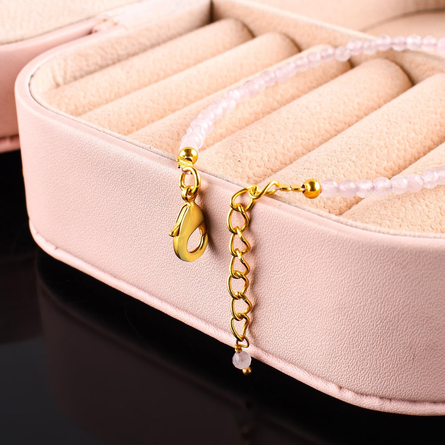 Natural Pink Rose Quartz Gemstone Micro Beads Dainty Bracelet Jewelry for Women, Birthstone, Chakra Energy Crystals, 14k Gold Plated Chain 8 inch Adjustable