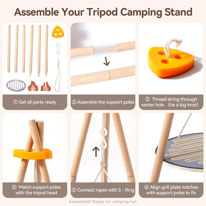 Wooden Kids Camping Toy Set, Campfire Cooking Play Set with Tripod Grill, S’Mores & Kebab Skewers, Montessori Pretend Camping Kitchen Gift for Toddlers Ages 3–6