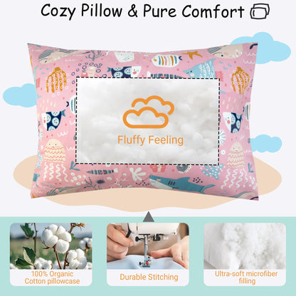 ZPECC Toddler Pillow with Pillowcase - 13x18 Organic Cotton Hypoallergenic Kids Pillow, Baby Essentials for Travel Crib Daycare Stroller (Intended for Age 2 and up) Ocean