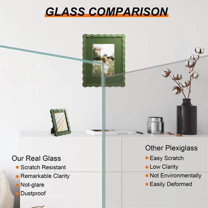 THKRLOF 4x6 Picture Frame with Mat for 3.5x5, Wavy Edge Wooden Real Glass Photo Frame for Tabletop and Wall Hanging, Green, 1 Pack