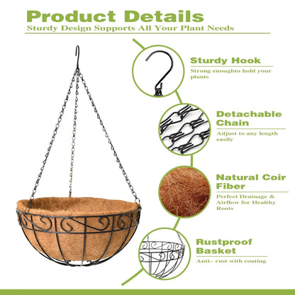 Qusuxi 4 Pack 12 Inch Hanging Baskets for Plants Outdoor Metal Hanging Planter Hanging Flower Baskets with Coco Fiber Liners Chain Round Wire Plant Holder Flower Pots(Plaid)