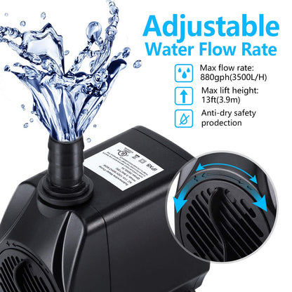 CWKJ Fountain Pump, 880GPH Submersible Water Pump, Durable 60W Outdoor Fountain Water Pump with 6.5ft Power Cord, 3 Nozzles for Aquarium, Pond, Fish Tank, Water Pump Hydroponics, Backyard Fountain