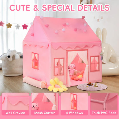 RONGFA Large Kids Tent Playhouse Padded Mat with Star Lights, Flags and Tote Bags, Play Tent Indoor & Outdoor, Washable Teepee Tent for Boys & Girls, Kids Play House for Toddler（Pink）