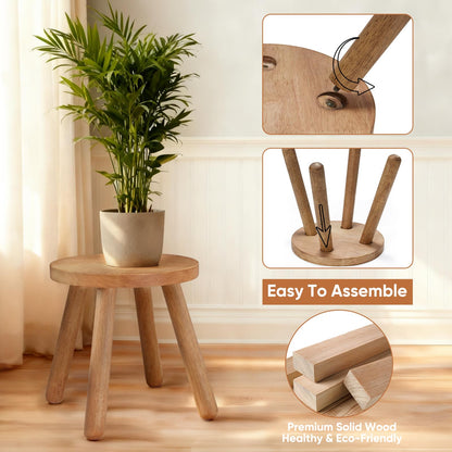 JUJIAFU 11.8" H Round Solid Wooden Stool Wood Plant Stand Woden Decorative Stool Garden Stool Portable Stand for Kitchen Bathroom Living Room Bedroom