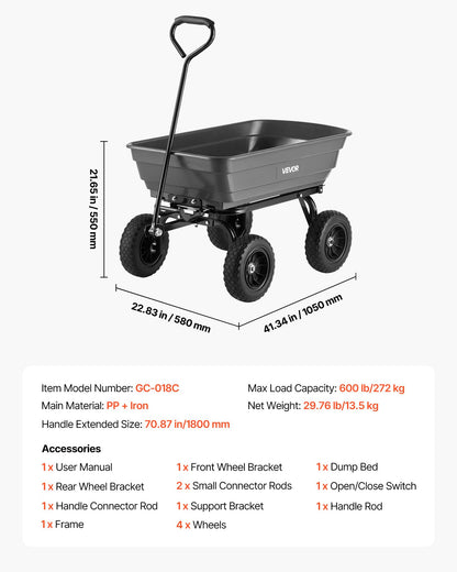 VEVOR 4 Cu.Ft 600LBS Poly Garden Cart Dump Wagon, 4 Wheel Heavy Duty Wheelbarrow with 10" Flat Free Tires, Yard Cart Dump Wagon with Quick-Release System