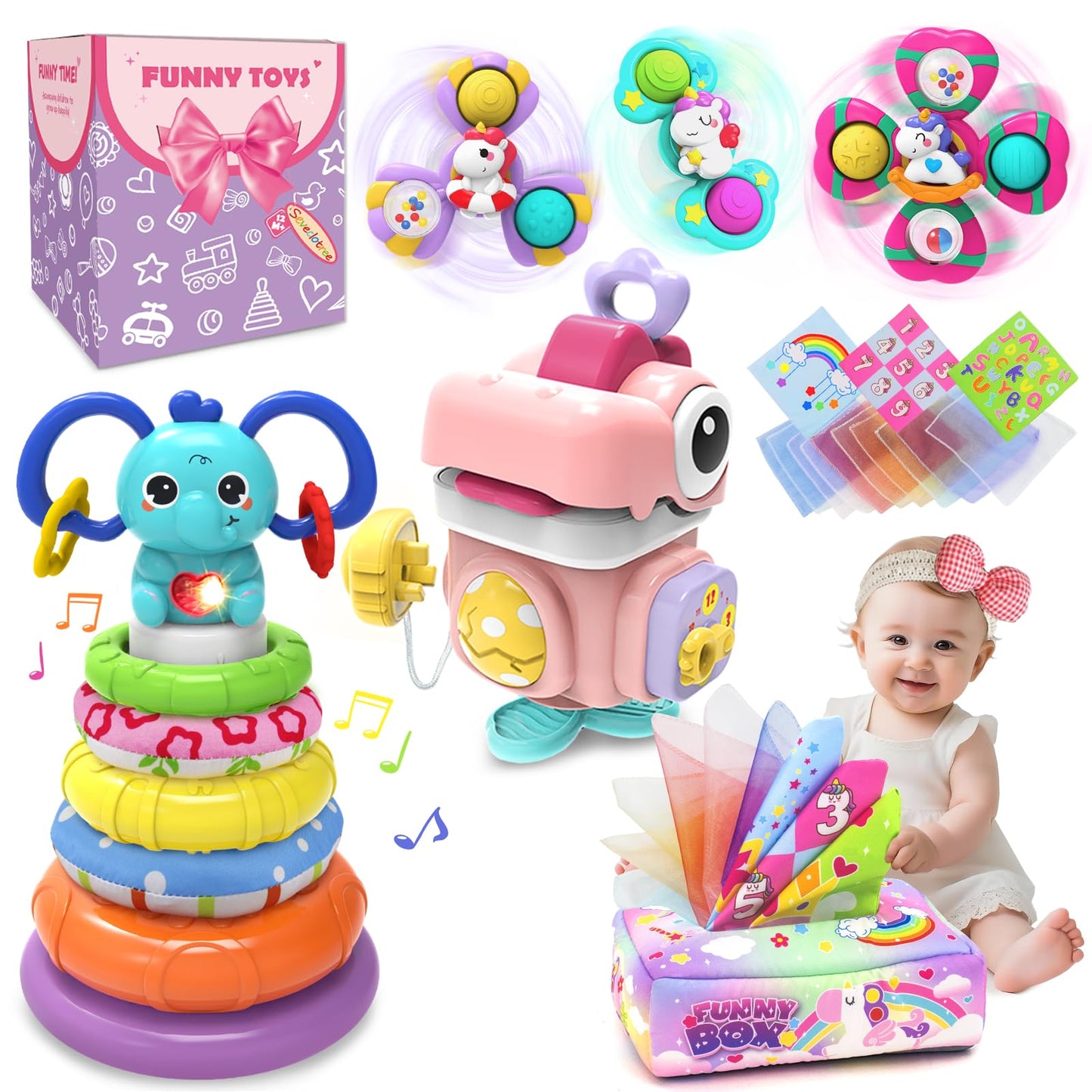 seveclotree 4 in 1 Baby Toys 6 to 12 Months,Learning Toys for Babies 6 12 18 Months, Infant Toys Stacking Rings,Busy Cube,Spinner Toys,Tissue Box Toy,Sensory Educational Gift for Toddlers Aged 1-3