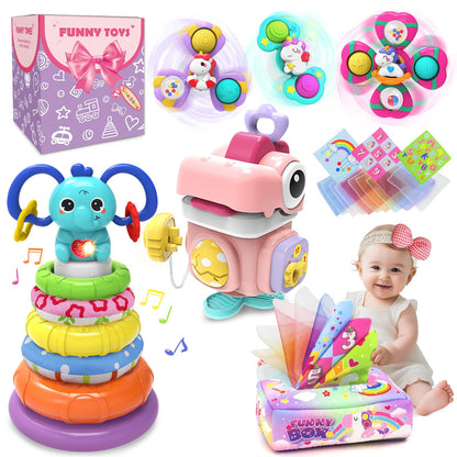 seveclotree 4 in 1 Baby Toys 6 to 12 Months,Learning Toys for Babies 6 12 18 Months, Infant Toys Stacking Rings,Busy Cube,Spinner Toys,Tissue Box Toy,Sensory Educational Gift for Toddlers Aged 1-3