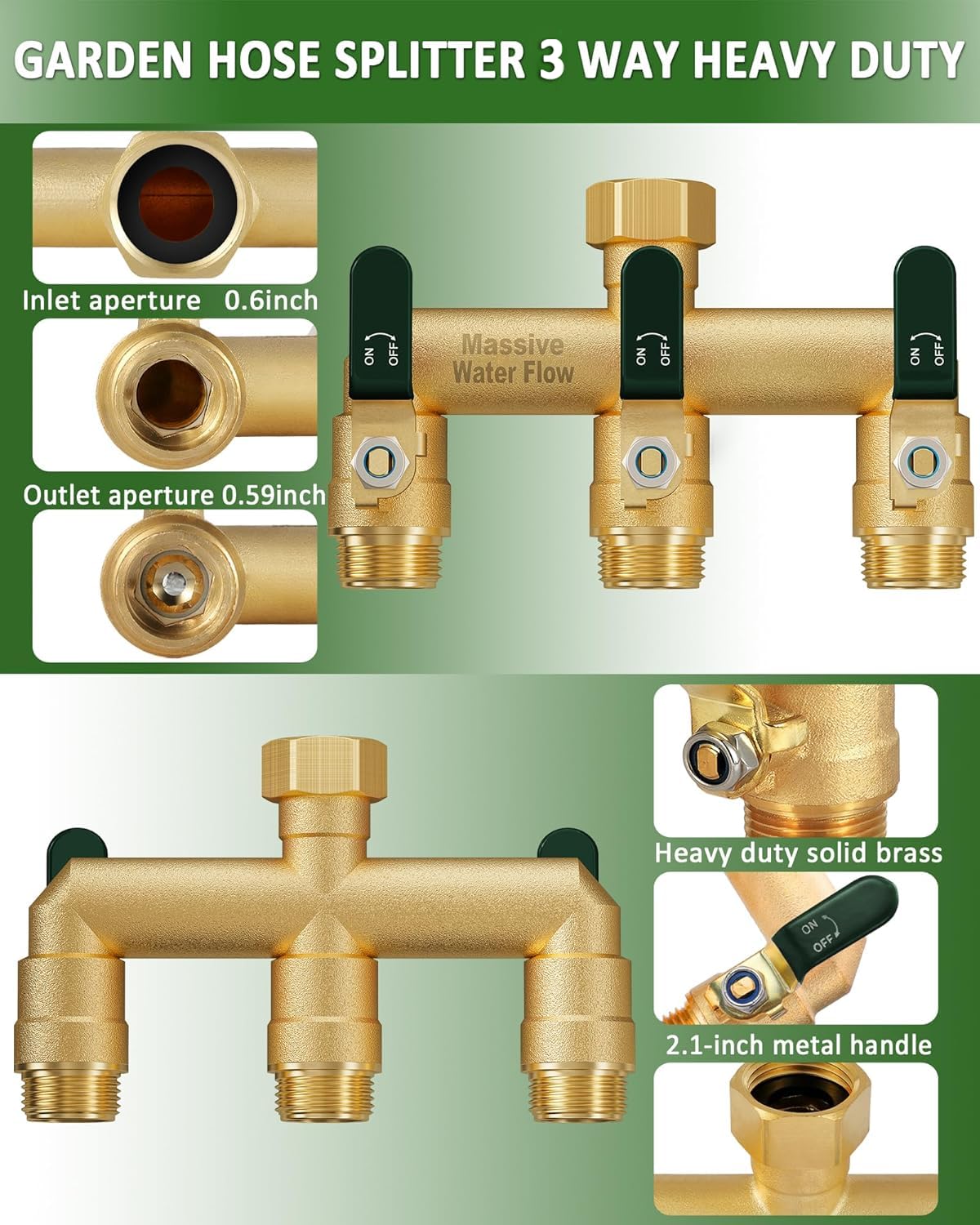 LNEZCDB 3 Way Hose Splitter, Heavy Duty Full Flow Garden Water Hose Bib Spigot Splitter, Brass Rust and Freeze Resistant Outdoor Faucet Splitter, T Adapter Connector with 3/4 - Inch GHT Thread （Green）