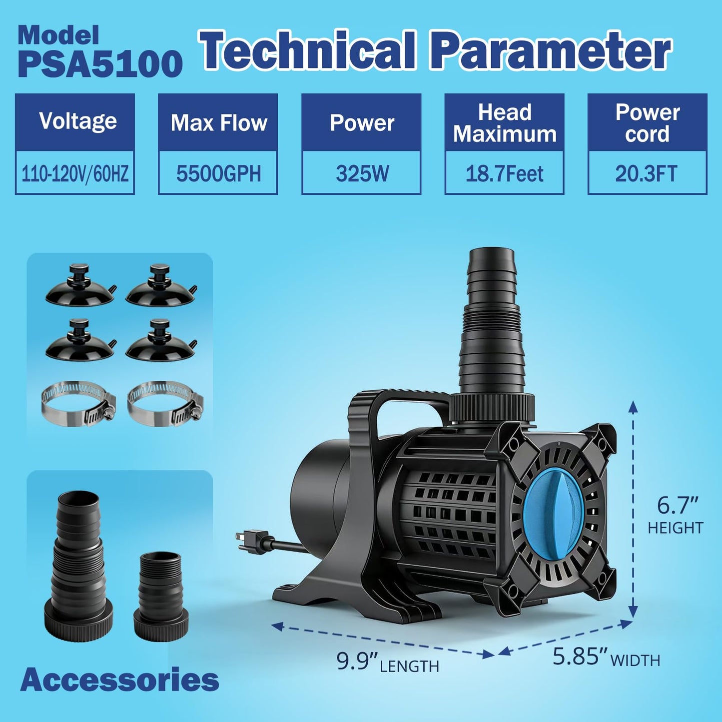 OYO WATER UL-Certified 325W 5100GPH High Flow Adjustable Pond Pump with 20.3ft Power Cord, Submersible Inline Pump for Koi Ponds, Cascades, Drainage, UL Safety Rated for Outdoor Use