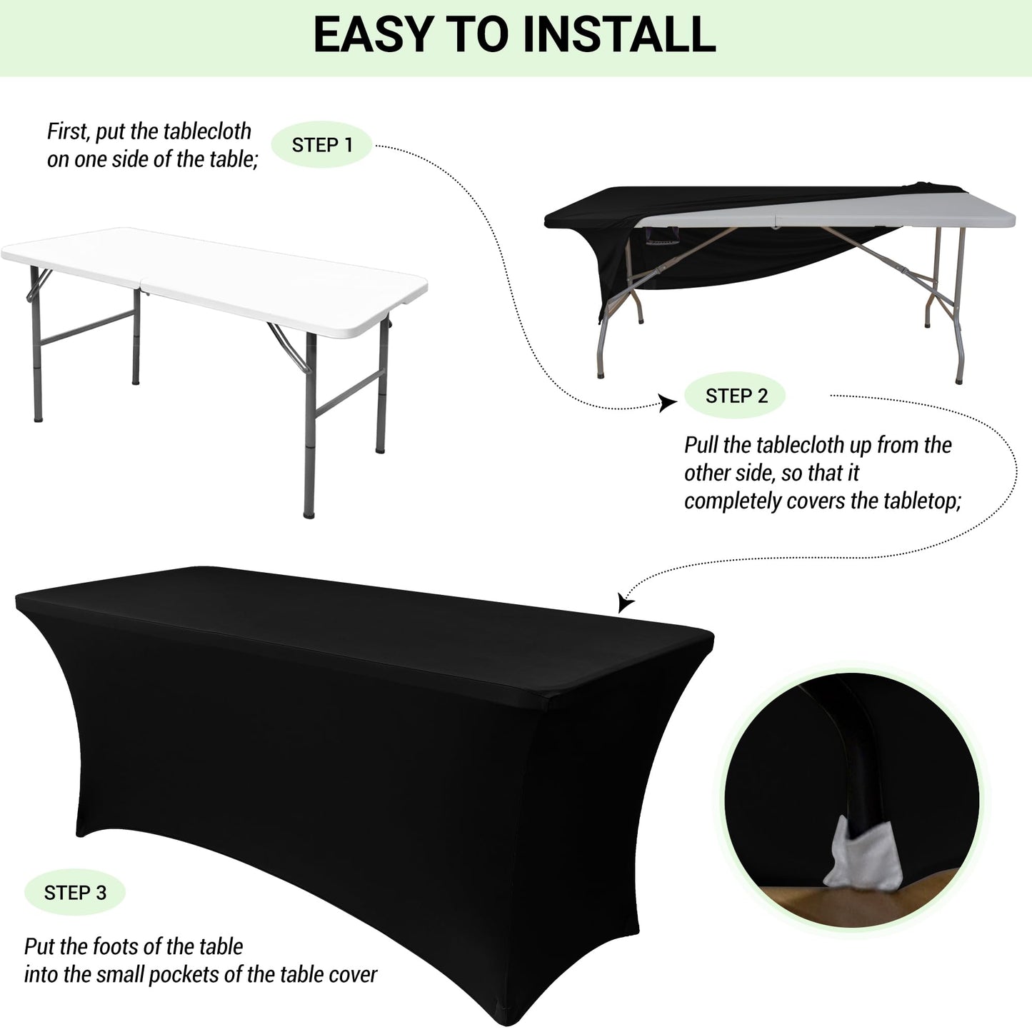 Obstal 6ft Stretch Black Spandex Table Cloth for Standard Folding Tables - 2 Pack Universal Rectangular Fitted Tablecloth Protector for Wedding, Trade Show, Vendor Stand