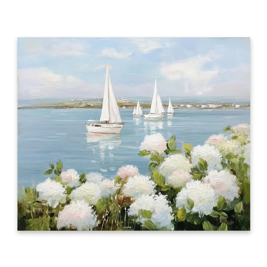 FOPENEM Nautical Sailboat Hydrangea Floral Diamond Painting Kit for Adults Beginners 9.8x11.8 Inch, Coastal Seaside Flower Gem Diamond Painting Art Kits for Home Beach House Wall Decor