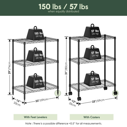 Furinno Wayar 3-Tier Metal Storage Shelf Rack Cart with Casters, 23 x 13 x 30, Black