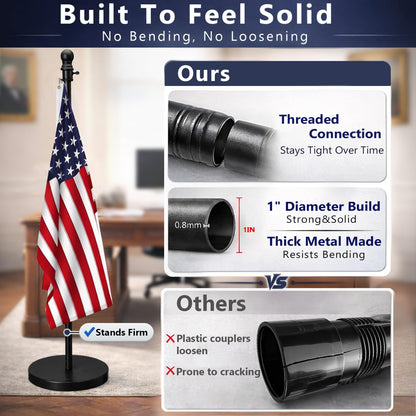 Flag Stand Indoor - 1" Heavy Duty Metal Flag Pole Set with Base,6-8ft Adjustable,Portable & Free Standing For Office,Conference Room,Classroom,Entryway,Outdoor Porch Deck (Black)