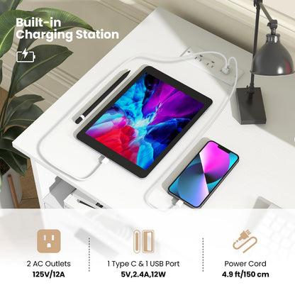 Tangkula White Desk with 3 Drawers & Charge Station, Home Office Desk with Open Shelf, Study Writing Desk, PC Desk Computer Workstation, Modern Computer Desk for Bedroom, Study