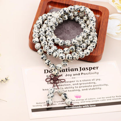 AD Beads 8mm 108 Prayer Mala Dalmatian Jasper Elastic Bracelet - Positivity - Handmade Yoga Meditation Healing Power Energy Gifts for Unisex Adult.
