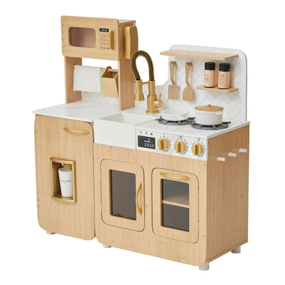Teamson Kids Little Chef Cyprus Play Kitchen Set for Toddlers with 14 Accessories, Wooden Toy Cooking Playset for Kids Ages 1-8, Montessori Cooking Station, Light Oak/White Pretend Kitchen