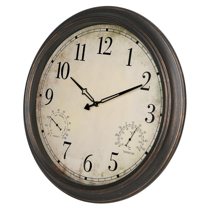 Yumt 18 Inch Wall Clock, Retro Outdoor Clock Non-Ticking Waterproof Indoor Outdoor Clock with Thermometer, Bronze