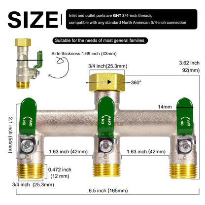 Yayamz Heavy Duty Brass Garden Hose Splitter - 3-Way 3/4" GHT Thread, High Flow Faucet Splitter, Water Hose T Spigot Splitter with Shutoff Valves, Water Adapter & Connector-Long Metal Handle