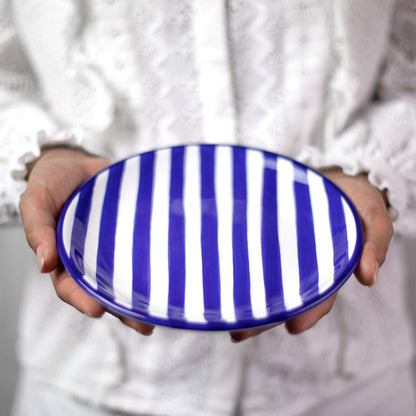 City to Cottage Handmade Dark Navy Blue Stripe Glazed 7.9inch/20cm Side Plate, Dessert Plate, Unique Ceramic Dinnerware, Housewarming Gift