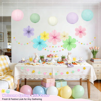 Spring Hanging Decorations - 20Pcs Pastel Party Decorations | Paper Lanterns & Flower Fans Set with Glitter Garland for Pastel Classroom Decor, Office, Baby Shower, Wedding & Easter Wall Decor