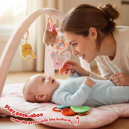Baby Play Gym & Activity Mat with Light-up Musical Arch, Washable Tummy Time Mat with 6 Detachable Sensory Toys for Motor Skills, Baby Essentials Shower Gift - Updated Spring Blossoms Themed